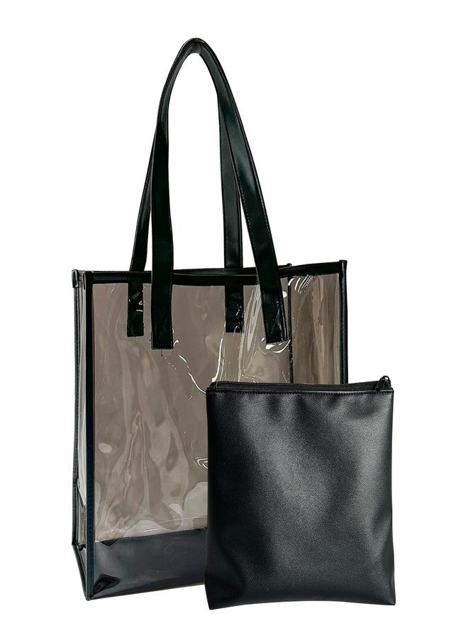 TotePrint clear pvc tote bag with fabric bottom with Leather Pouch Clear Beach Tote Bag for Swimming Pool Gym Summer Vacation Essentials - Image 1
